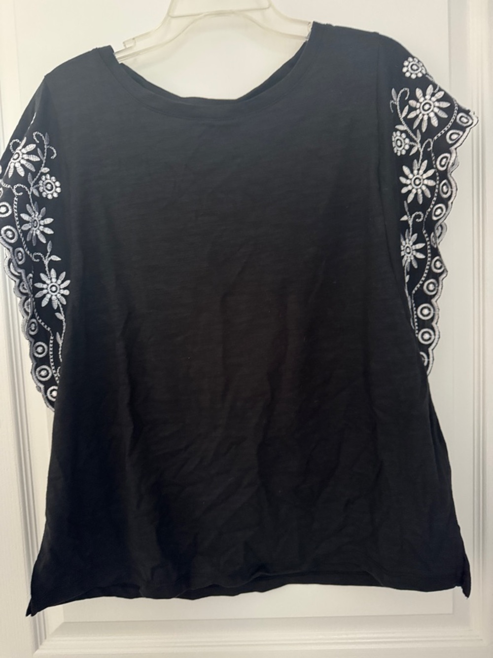 Belle by Kim Gravel Black Top with White Floral Embroidered Flutter Sleeves